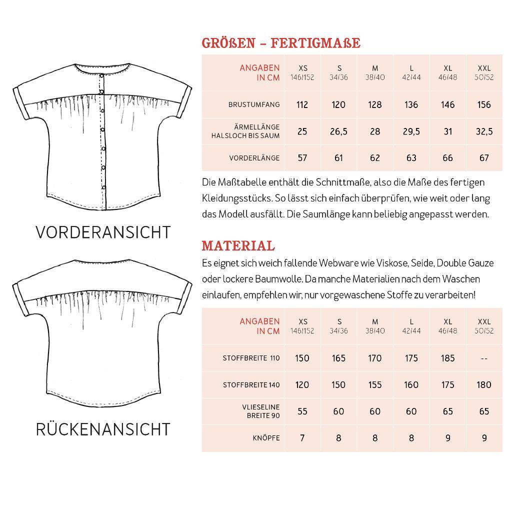Papierschnittmuster Kurzarmbluse Frau Suzy XS-XXL